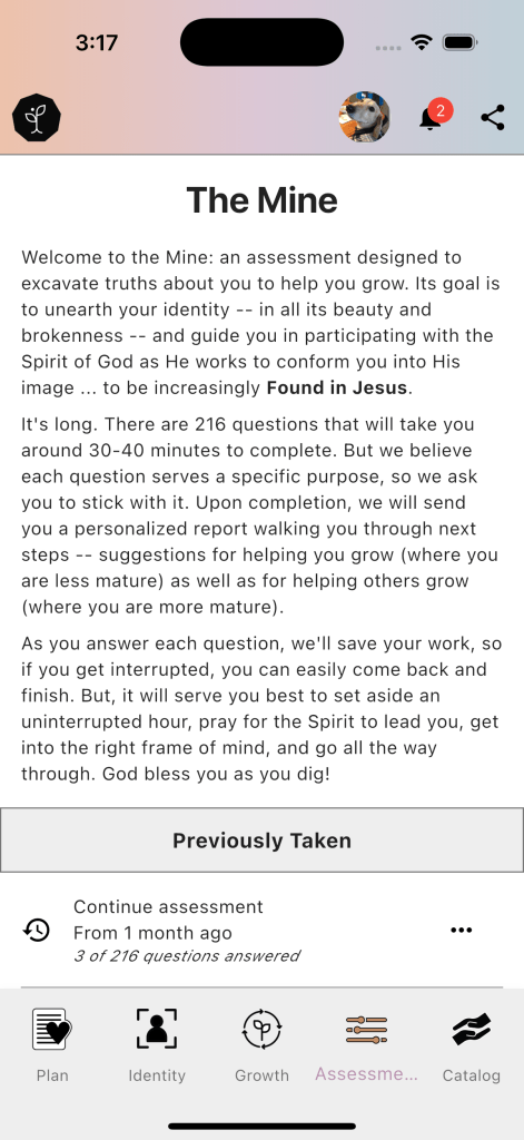 Found in Jesus app screen: "The Mine" assessment